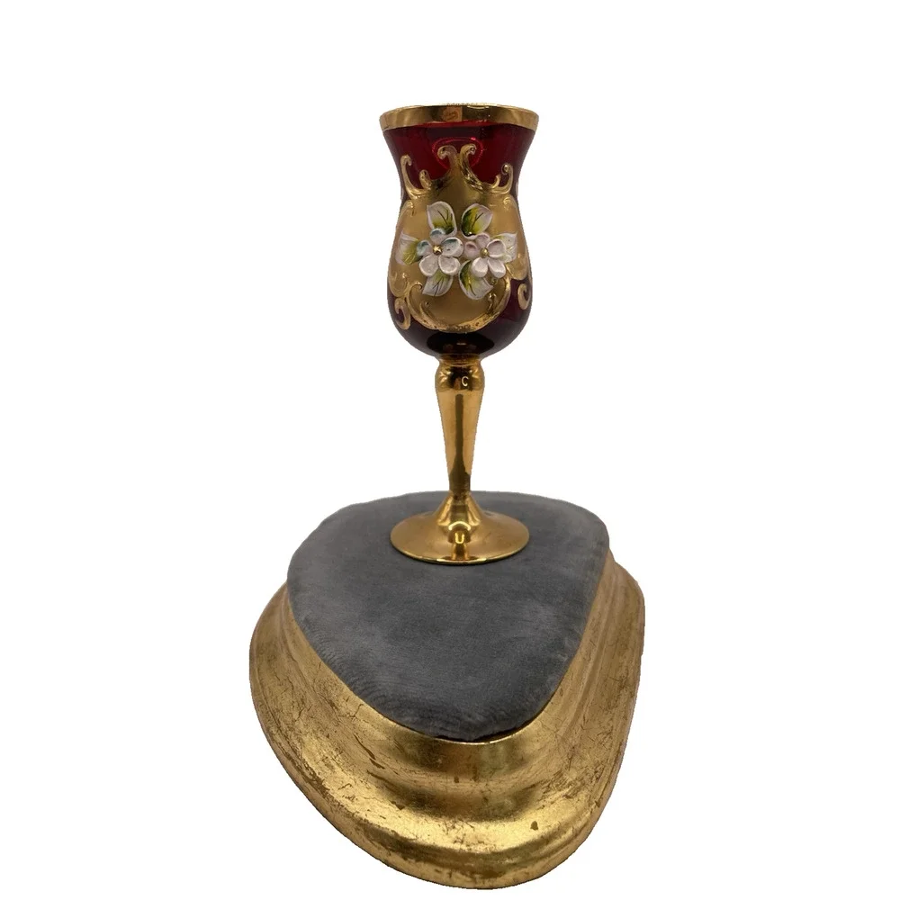 Vintage RED Tre Fuochi Murano Venetian Glass Aperitif Set gold Plated Italy